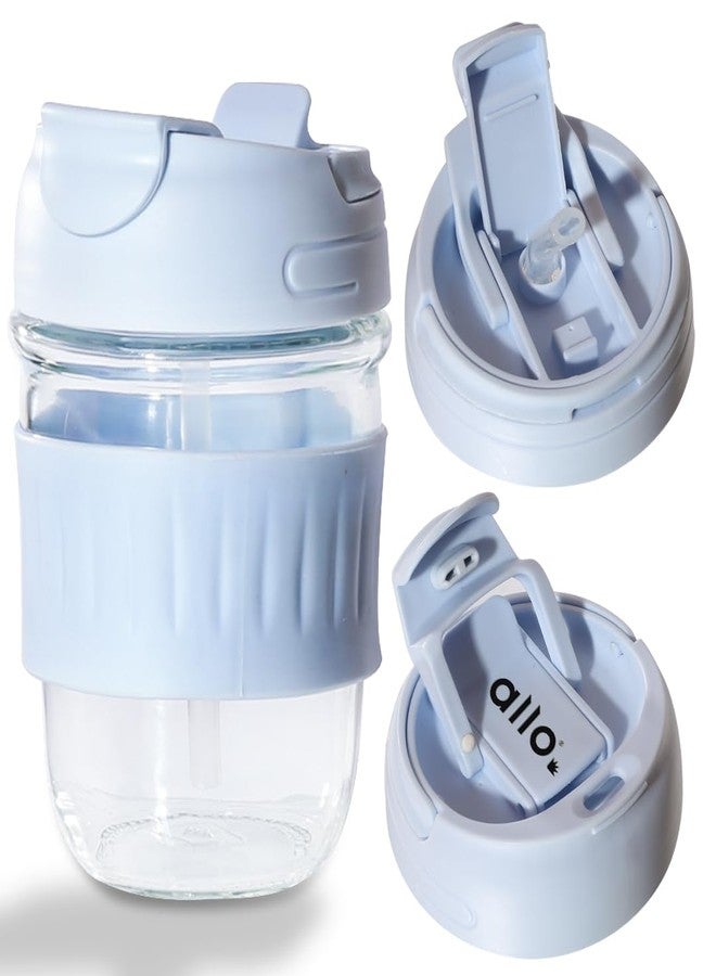 Allo Reusable Glass Mug Sipper Tumbler with Straw, Unique 2 in 1 ANTI Spill Lid | Microwave Safe Leakproof Glass with Anti-Slip Grip for Hot & Cold Coffee|| Car, Office, Travel use | 350ml (Blue) - Image 1